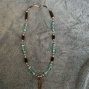Turquoise Bead Feather Pendant Necklace -